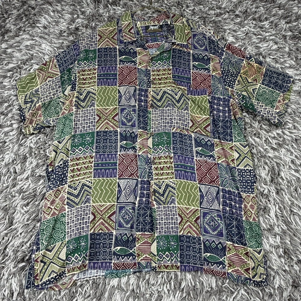 Vintage Impact Mens XL Rayon Button Up Shirt Geometric Tribal Abstract Green 90s